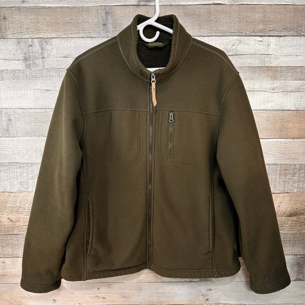 Eddie Bauer Mens Dark Olive Green Ribbed Sherpa Lined Fleece Jacket Large